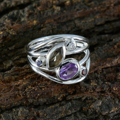 Ivana multicolor gemstone ring with purple, clear, and smoky stones set in silver band