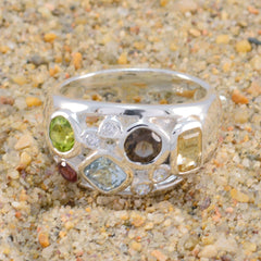 Isabelle multicolor gemstone ring with various shaped colorful stones set in silver band