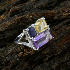 Kristine multicolor gemstone ring with purple, yellow, and blue stones set in silver band