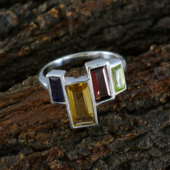 Bianca multicolor gemstone ring with rectangular purple, yellow, red, and green stones on silver band