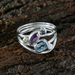 Joaquina multicolor gemstone ring with purple, blue, green, and clear stones in silver setting