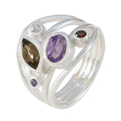 Ivana multicolor gemstone ring with silver band and various colorful gemstones