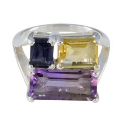 Kristine multicolor gemstone ring with purple, yellow, and dark blue rectangular stones on silver band