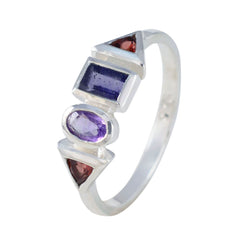 Ling silver ring with rectangular blue oval purple and two red triangular stones multicolor gemstone ring