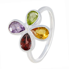 Ha-eun multicolor gemstone ring with pear-shaped green, purple, yellow, and red stones in silver setting