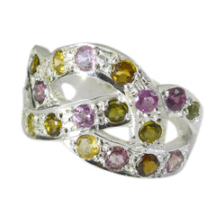 Sofia multicolor gemstone ring with intertwined silver bands featuring pink, yellow, and green gemstones