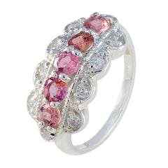 Eleanor multicolor gemstone ring with pink and white stones set in a silver band