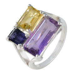Kristine multicolor gemstone ring with purple, yellow, and dark blue rectangular stones set in silver band