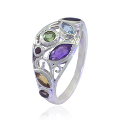 Renata multicolor gemstone ring with purple, green, blue, and amber stones set in silver band