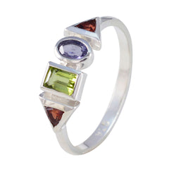 Mei multicolor gemstone ring with green rectangular, purple oval, and red triangular stones in silver setting