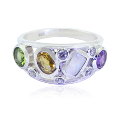 Ivy multicolor gemstone ring with green, yellow, purple, and clear stones set in silver band