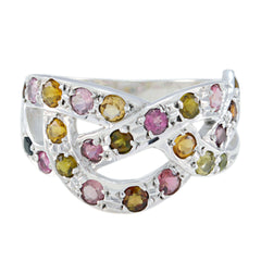Sofia multicolor gemstone ring with interwoven silver bands and round colorful stones