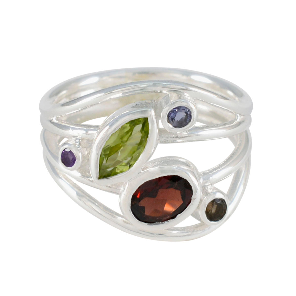 Meera silver ring featuring a multicolor gemstone ring design with various colored stones
