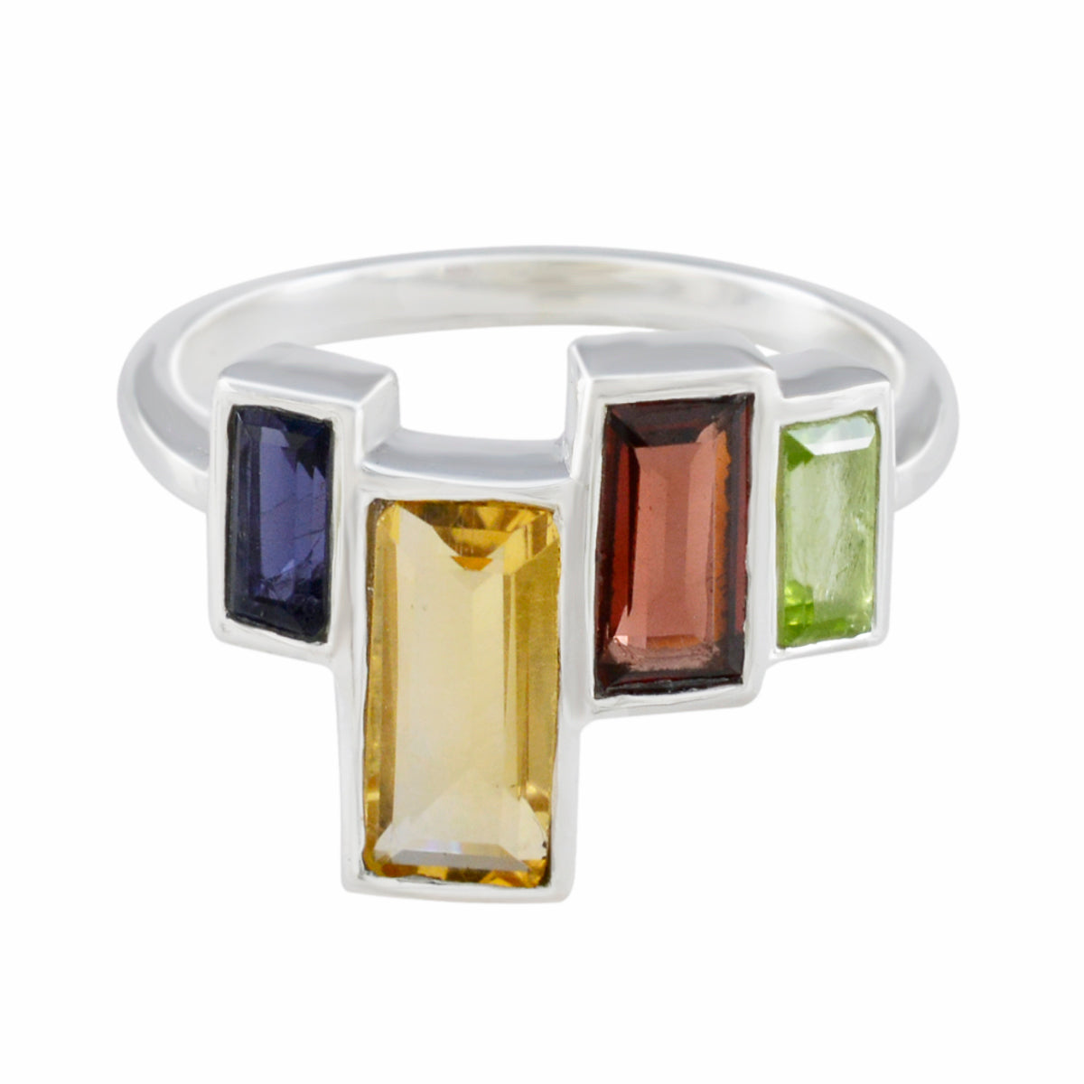 Bianca multicolor gemstone ring with rectangular blue yellow red and green stones in silver band