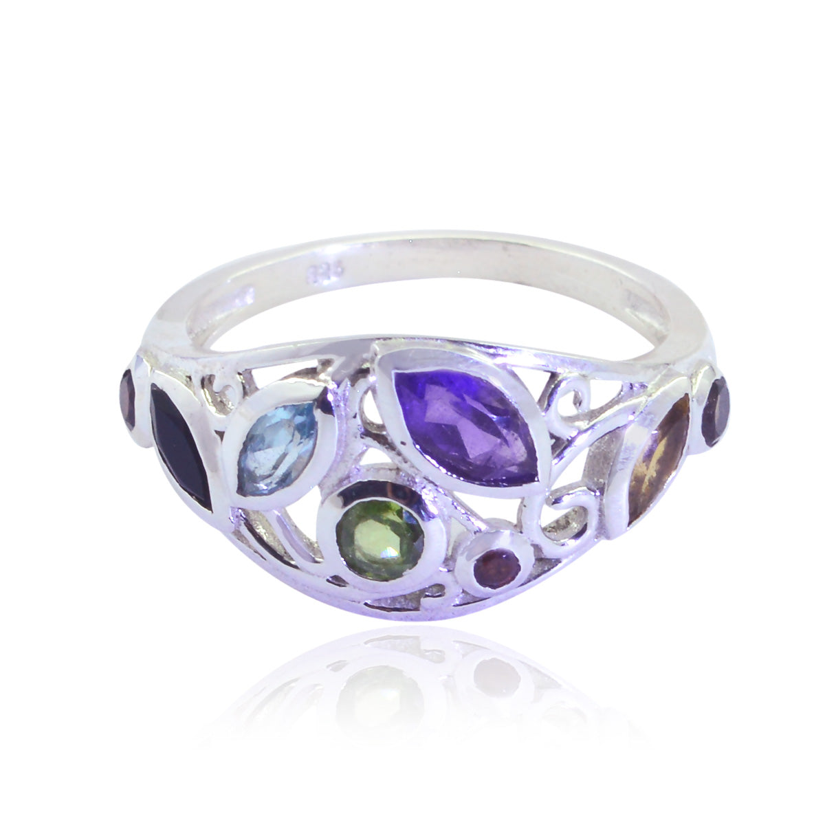 Renata multicolor gemstone ring with silver band featuring amethyst, peridot, and other colorful stones