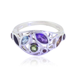 Renata multicolor gemstone ring with silver band featuring amethyst, peridot, and other colorful stones
