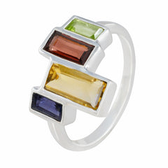 Bianca multicolor gemstone ring with rectangular green, red, yellow, and blue stones set in silver band