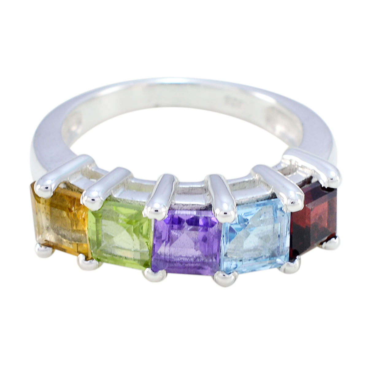Katharina multicolor gemstone ring with five square-cut colorful gemstones on silver band