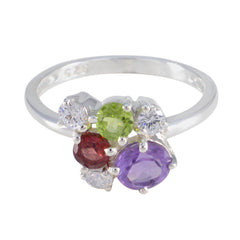 Ayesha sterling silver multicolor gemstone ring with amethyst peridot and garnet cluster and clear accents