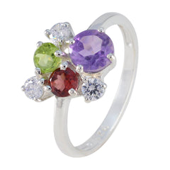 Ayesha silver band multicolor gemstone ring with purple amethyst green peridot red garnet and clear stones