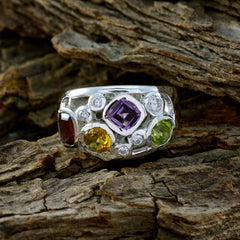 Isabella silver multicolor gemstone ring with purple square center, yellow citrine, green peridot, red garnet and small diamonds