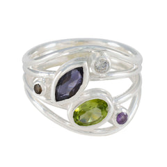 Liyana multicolor gemstone ring with silver band featuring purple, green, white, and brown stones
