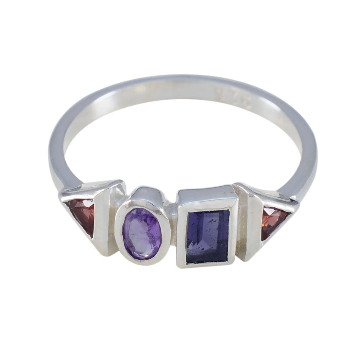 Ling sterling silver band multicolor gemstone ring with triangular red, oval purple and rectangular violet stones
