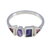 Ling sterling silver band multicolor gemstone ring with triangular red, oval purple and rectangular violet stones