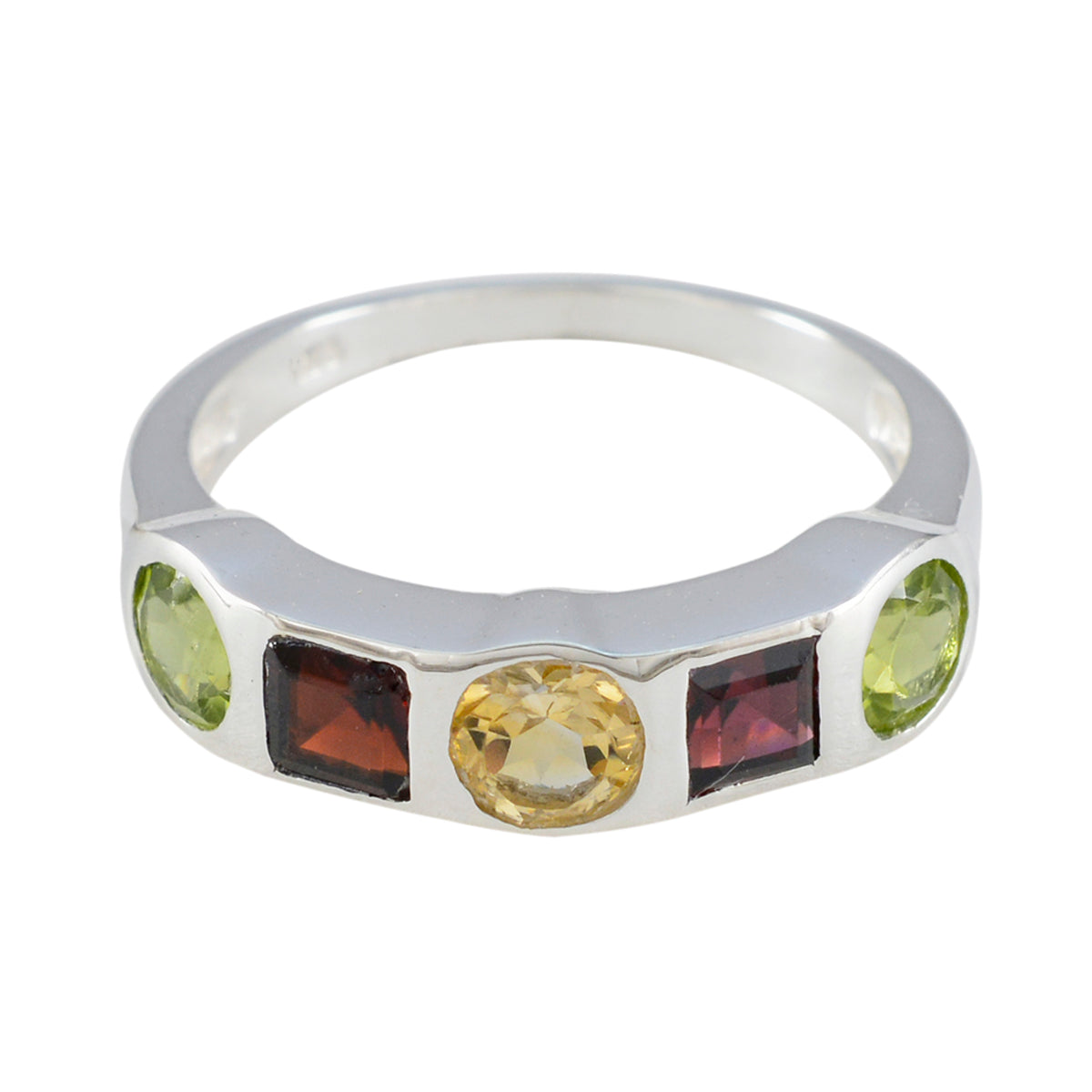Emma sterling silver band multicolor gemstone ring with central yellow citrine flanked by red and green stones