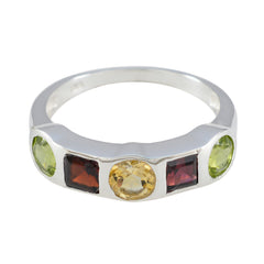Emma sterling silver band multicolor gemstone ring with central yellow citrine flanked by red and green stones