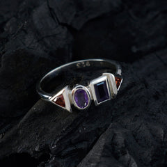 Ling multicolor gemstone ring sterling silver band with oval amethyst rectangular blue stone and red triangular garnet accents
