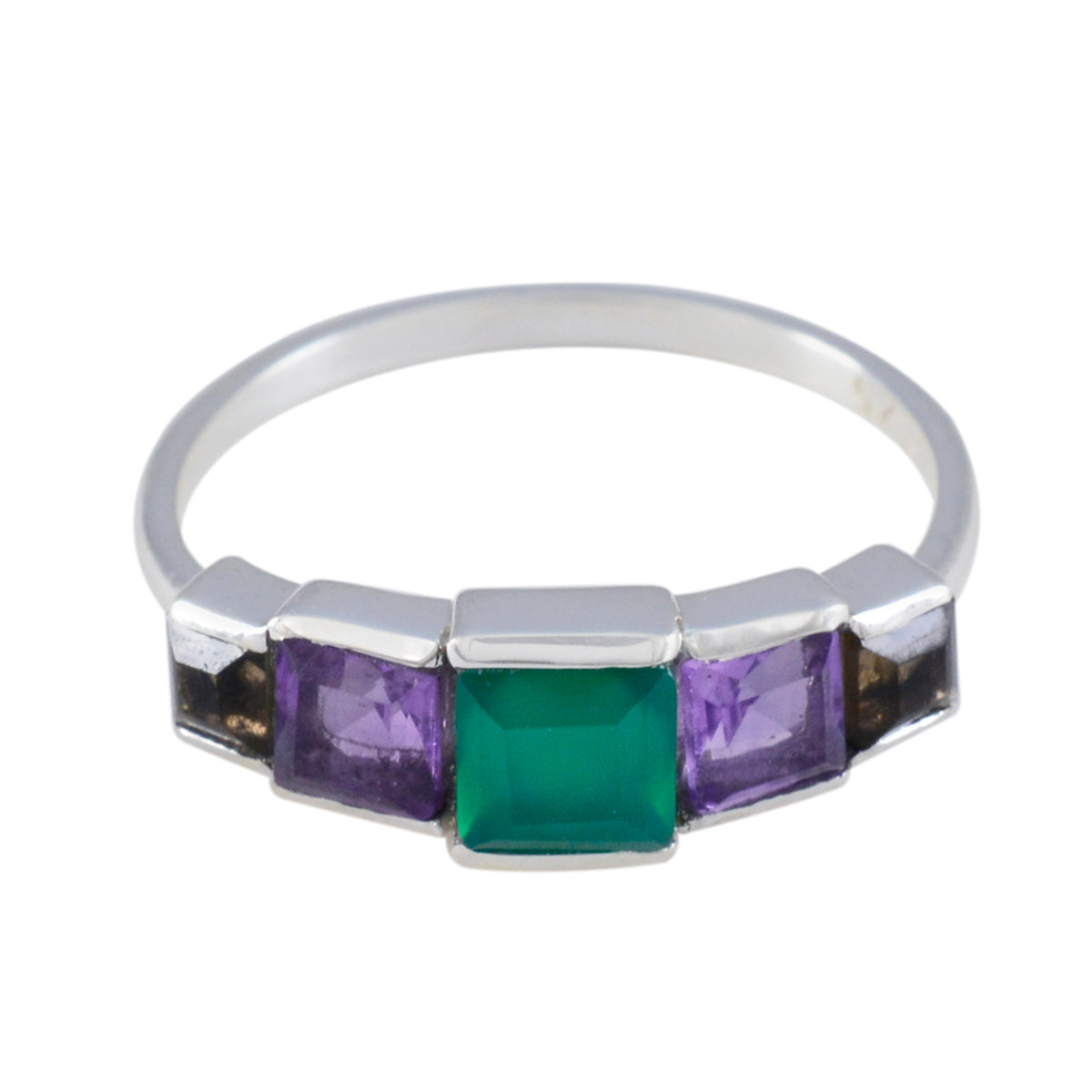 Eunji square green center and two purple stones multicolor gemstone ring with polished silver band