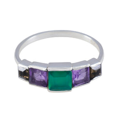 Eunji square green center and two purple stones multicolor gemstone ring with polished silver band