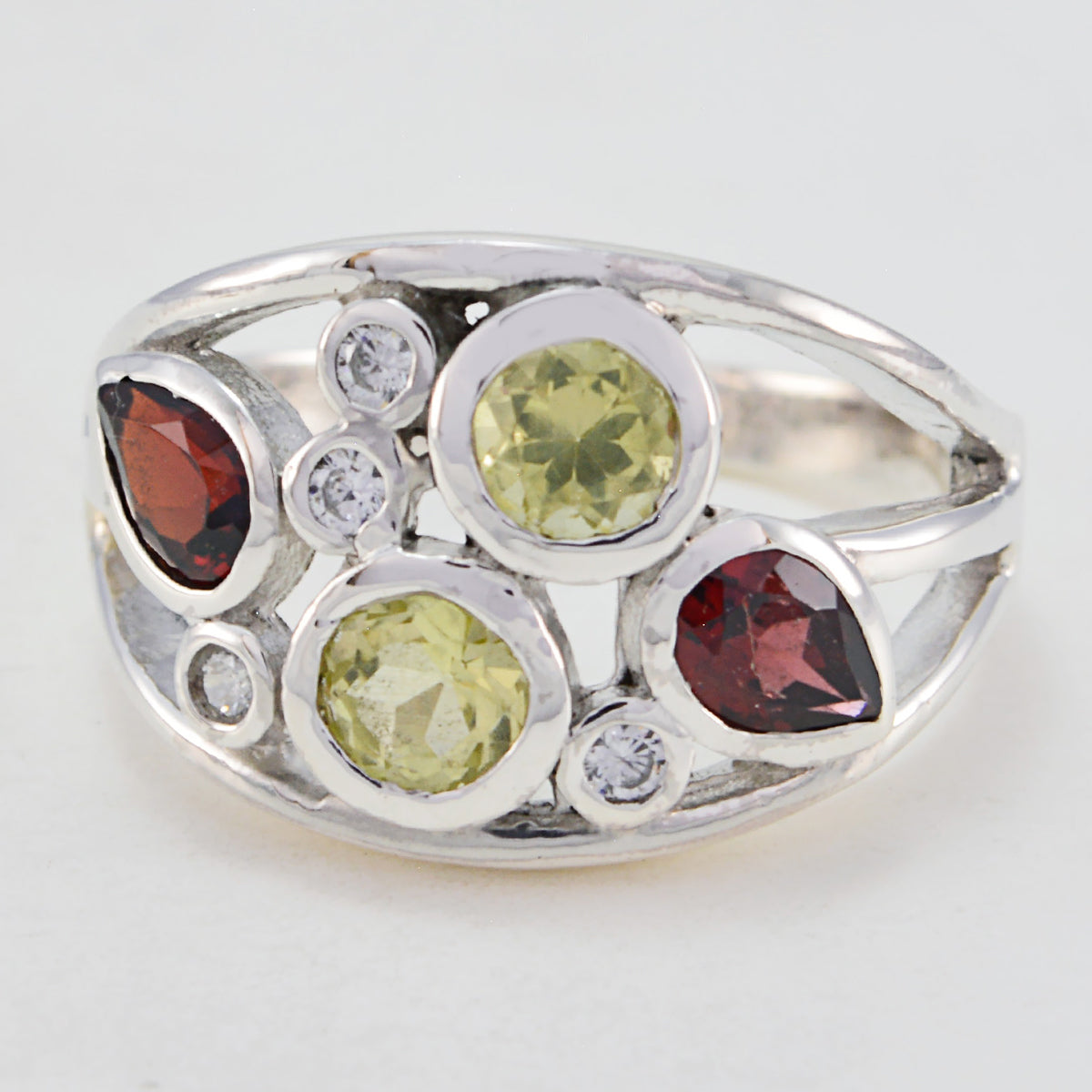 Josephine silver multicolor gemstone ring with green and red stones and small clear gems