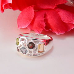 Isabelle multicolor gemstone ring with various shaped stones set in polished silver band