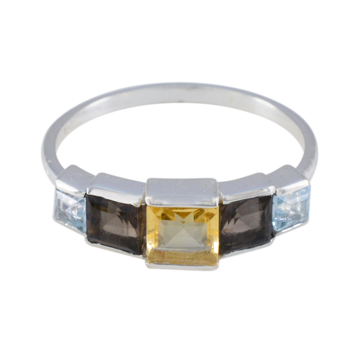 Putri multicolor gemstone ring with square yellow, dark, and light blue stones on silver band