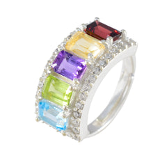 Riley multicolor gemstone statement ring with five emerald cut stones red yellow purple green blue and pave diamonds