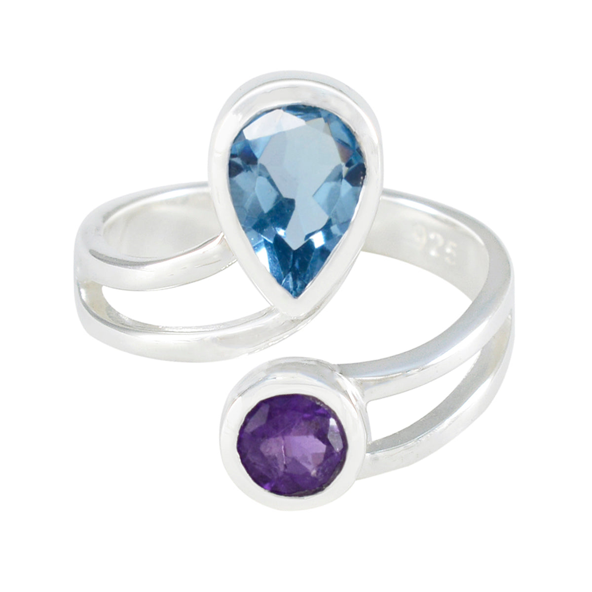 Daniela multicolor gemstone statement ring with blue teardrop and purple round stones in silver band
