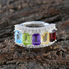 Riley multicolor gemstone statement ring with emerald cut blue green purple yellow and red stones and pave diamonds