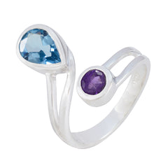 Daniela silver multicolor gemstone statement ring with blue and purple stones on white background