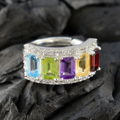 Riley multicolor gemstone statement ring with emerald cut blue green purple yellow red stones and pave diamonds