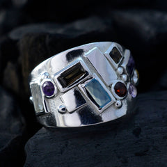 Kennedy silver wide band multicolor gemstone statement ring with blue rectangular and round purple and red stones