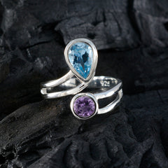 Daniela silver multicolor gemstone statement ring with blue teardrop and round purple stones