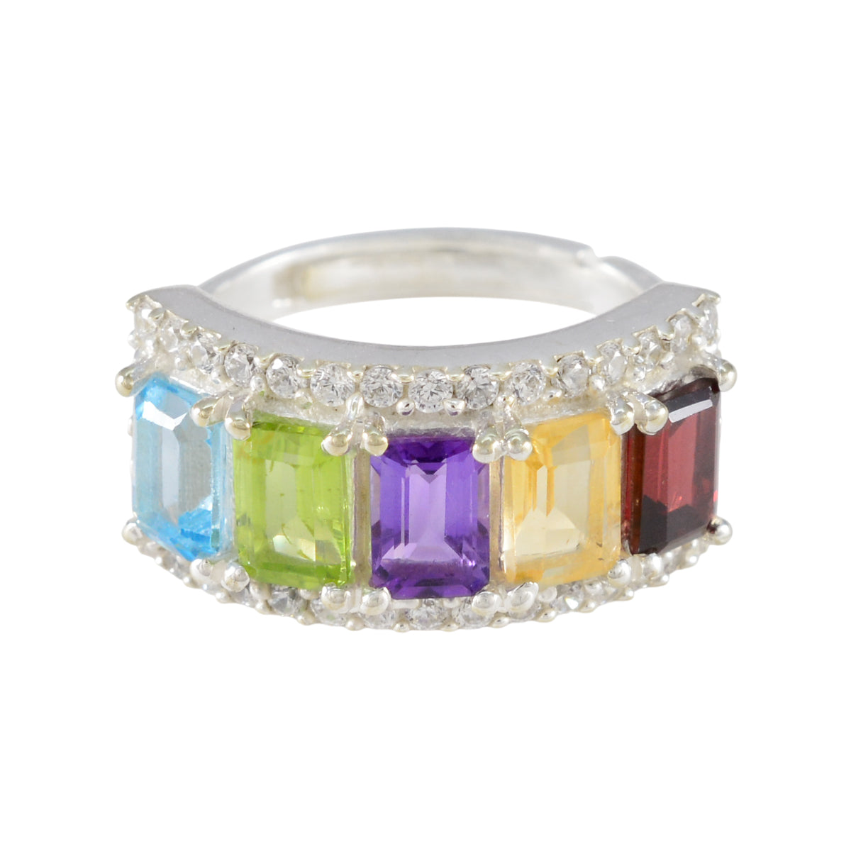 Riley silver band multicolor gemstone statement ring with emerald cut blue green purple yellow red stones and pave diamonds