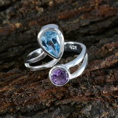 Daniela multicolor gemstone statement ring with blue pear and purple round stones on silver band