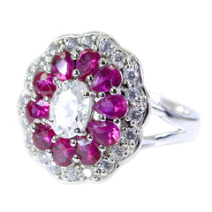 Nisa multicolor gemstone statement ring with oval center stone, pink ruby petal halo, diamond accents and silver band