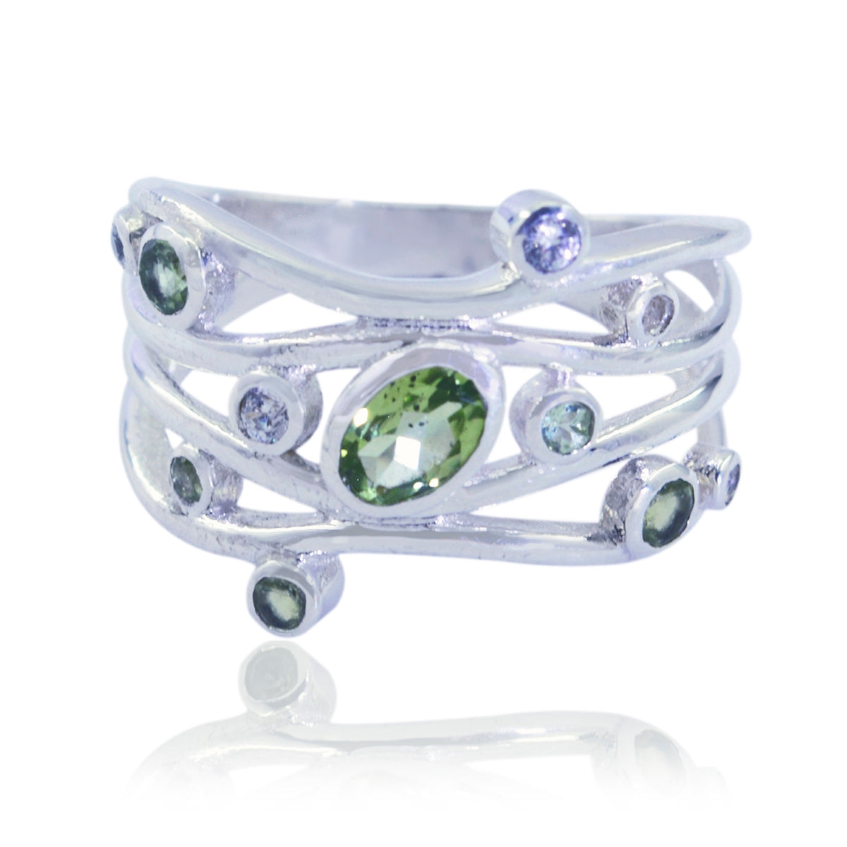 Rebeca multicolor gemstone statement ring with green and purple stones set in silver band