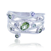 Rebeca multicolor gemstone statement ring with green and purple stones set in silver band