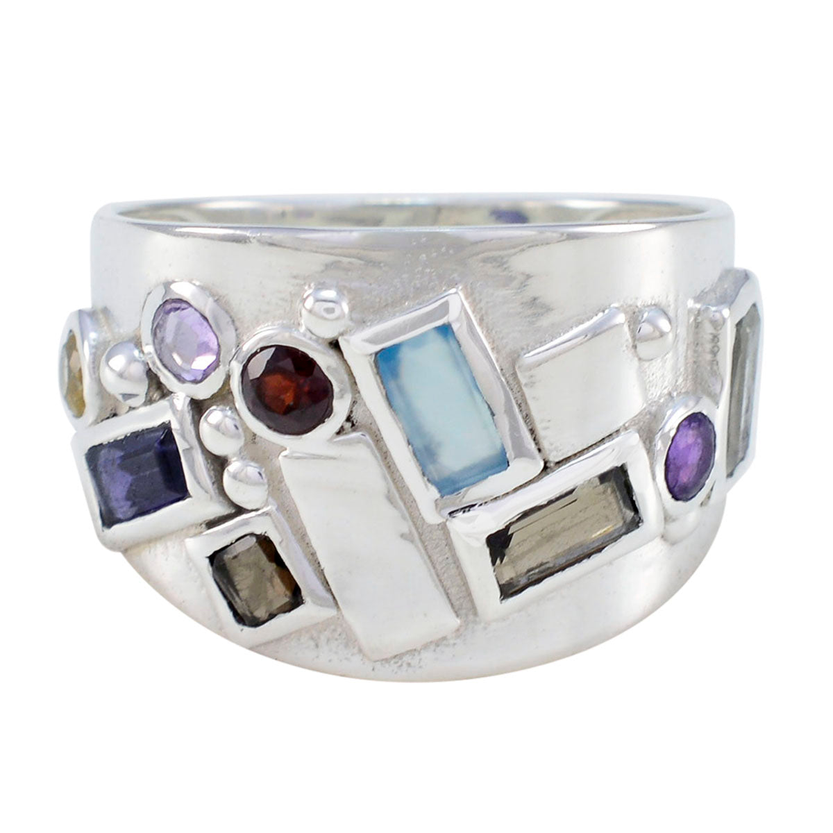 Kennedy sterling silver wide band multicolor gemstone statement ring with rectangular and round colorful stones