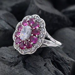 Nisa multicolor gemstone statement ring floral halo with central oval white stone and pink ruby petals